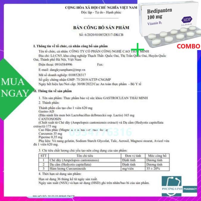 Combo Bedipanten 100mg +  Viên uống Gastroclean Thái Minh hổ trợ cho người bị viêm loét dạ dày, hộp 20 viên