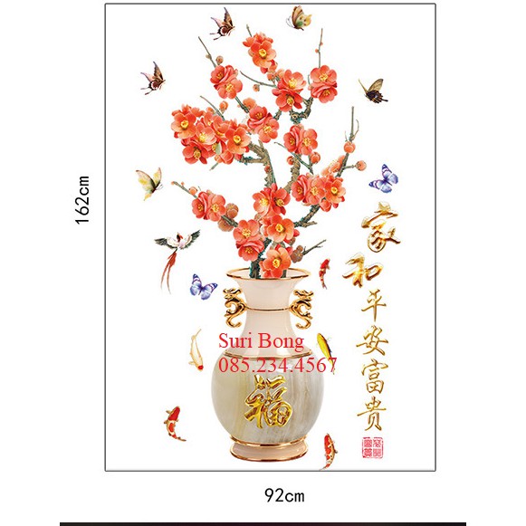 Decal dán tường Bình hoa đào đỏ 3D to nhất | BigBuy360 - bigbuy360.vn
