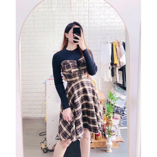 Set áo pull + yếm caro H3619 (hình thật)