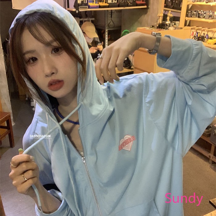 Áo Hoodie Tay Dài Dáng Rộng Có Khóa Kéo In Họa Tiết Thời Trang Mùa Thu Cho Nữ