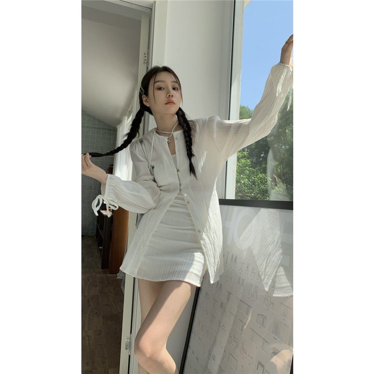 Cocory vn Set Áo Sơ Mi Tay Dài/Chân Váy Ngắn Lưng Cao Phối Ren Thời Trang Cho Nữ