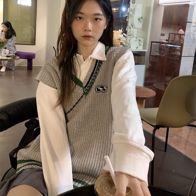 Áo Gile len cổ V màu xám trơn viền bo kẻ sọc phong cách học sinh trẻ trung âu mĩ hàn quốc ấm áp ulzzang