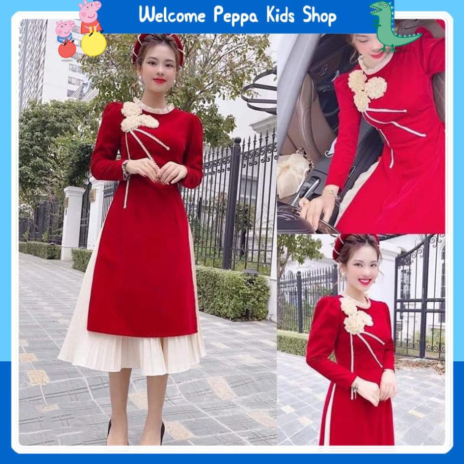 Cặp váy cách tân tay bồng thêu hoa cầu kỳ - mấn ngọc - váy dập ly cho mẹ và bé Peppa Kids ấm áp, bên màu không bai nhão.