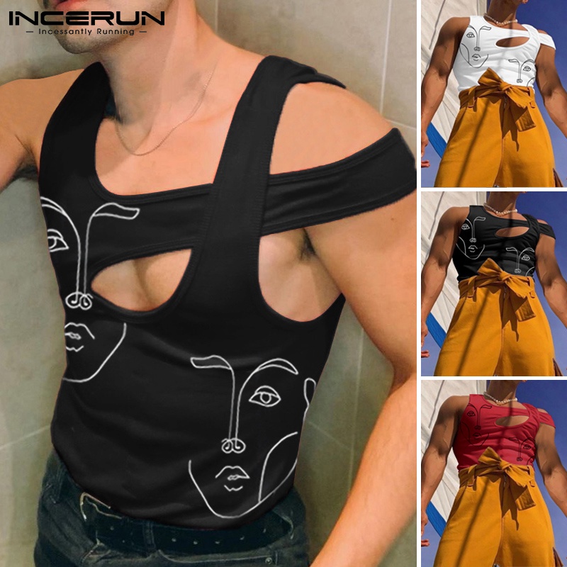 Áo tanktop INCERUN dành cho nam thiết kế không tay cắt lỗ in hình thời trang