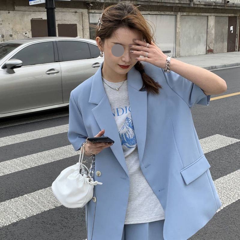 Bộ áo khoác blazer ngắn tay dáng rộng + quần short thời trang mùa hè 2022