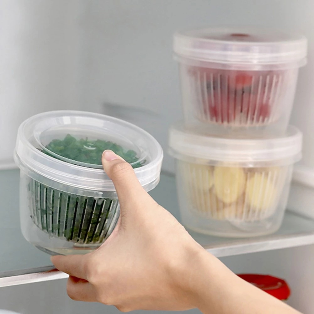 500ml Clear Round Drain Basket/ Food Sealed Container Refrigerator Storage Box/ Kitchen Organizer