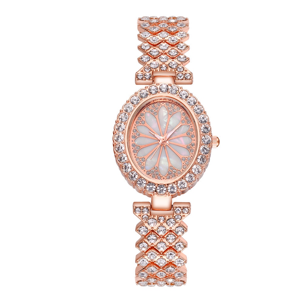 Đồng hồ quartz dây thép không gỉ mặt hình bông hoa đính đá thời trang sang trọng cho nữ