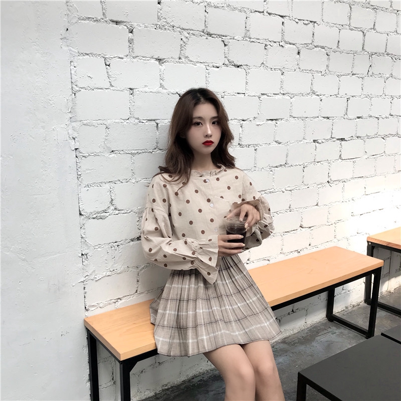 New Fashion Women Long-sleeved Shirt Korean Loose Polka Dot Lantern Sleeve Bottoming Shirt