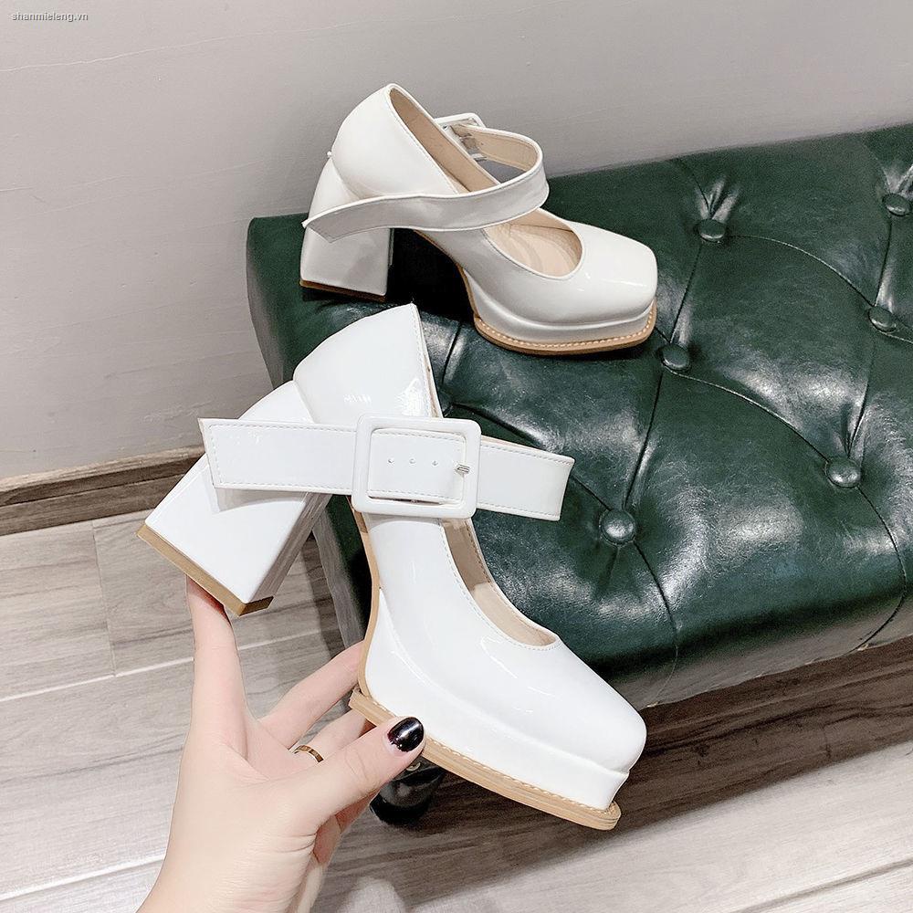 Giày cao gót Mary Jane mũi vuông màu đen thời trang thịnh hành mới cho nữ