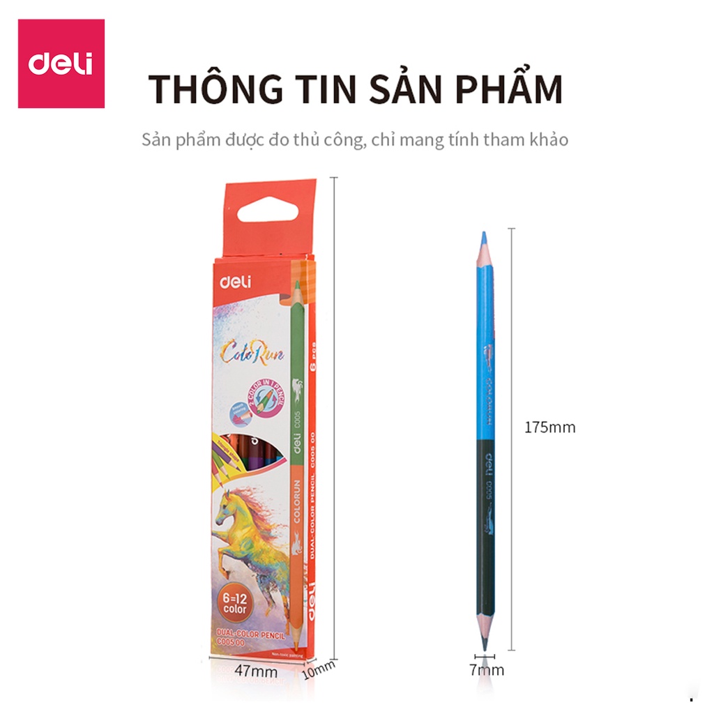 Bộ Bút Chì Màu Colorun Deli - 6 Cây 2 Đầu 12 Màu