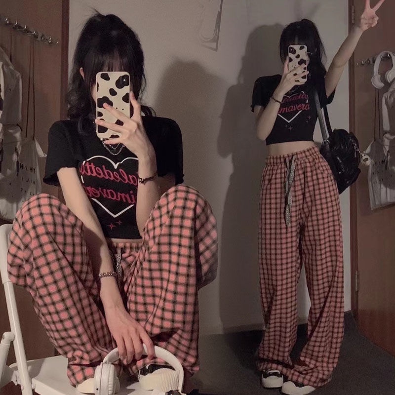 Bộ Áo Ngắn Tay + Quần Dài Ống Rộng Lưng Cao Kẻ Caro Đen Hồng Thời Trang Mùa Hè Cho Nữ