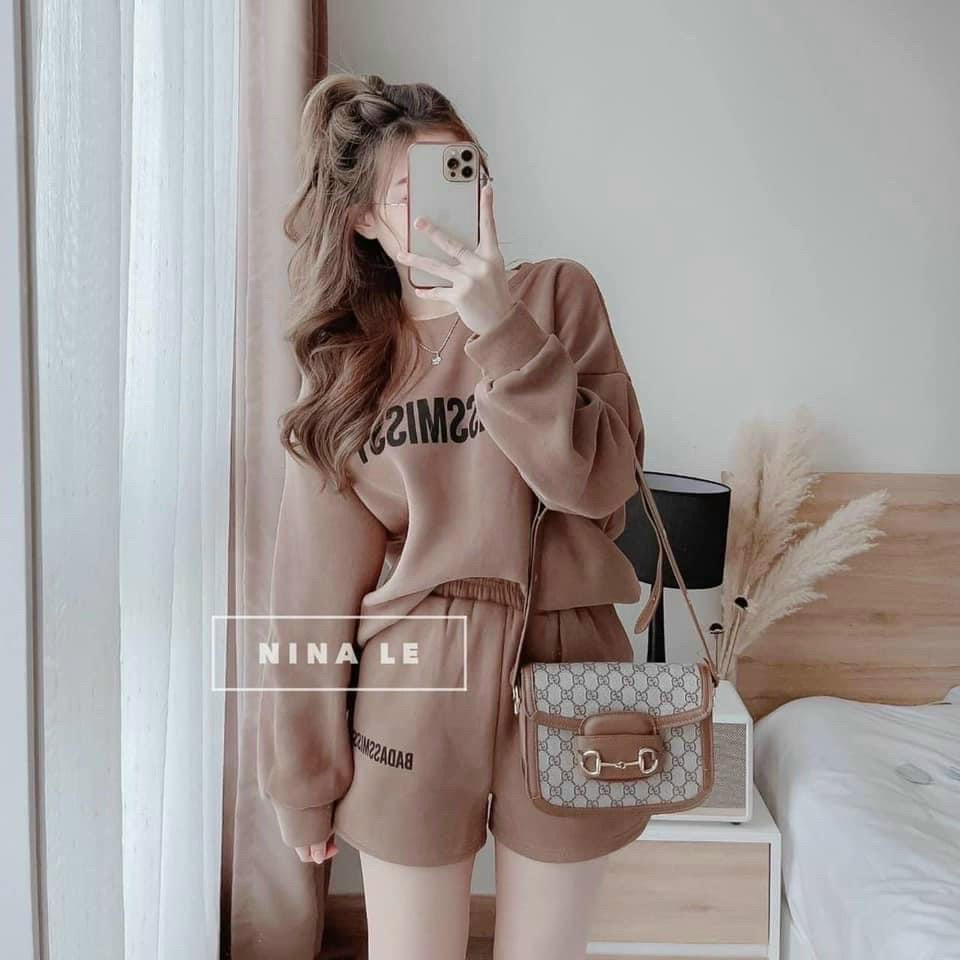Set bộ thun nữ áo tay dài cổ tròn in chữ, set bộ đùi thể thao đi chơi năng động mtb