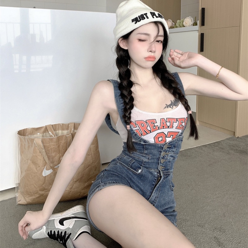 Áo liền quần denim lưng cao thiết kế đơn giản hợp thời trang