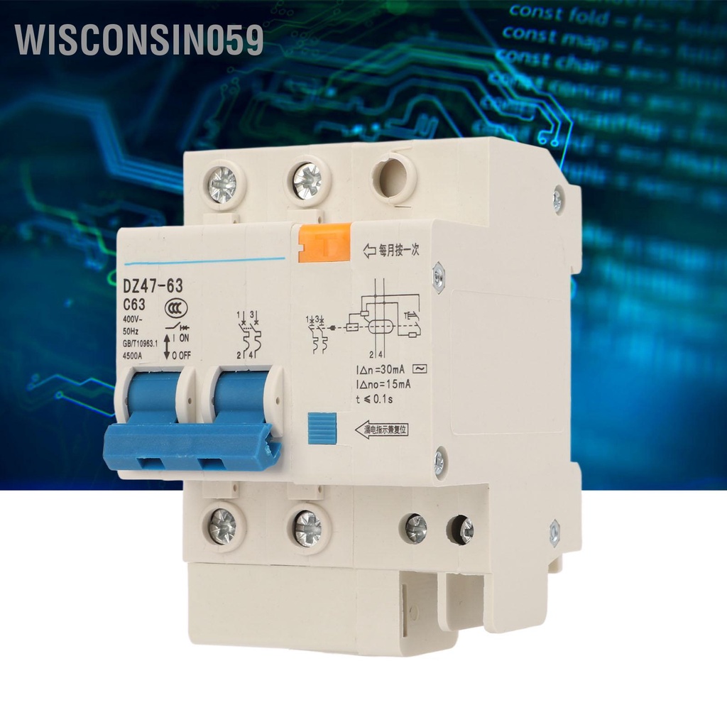 Wisconsin059 Bộ ngắt mạch 63A 2P Bảo vệ chống rò rỉ Công tắc không khí DIN Gắn đường sắt Thu nhỏ 400V