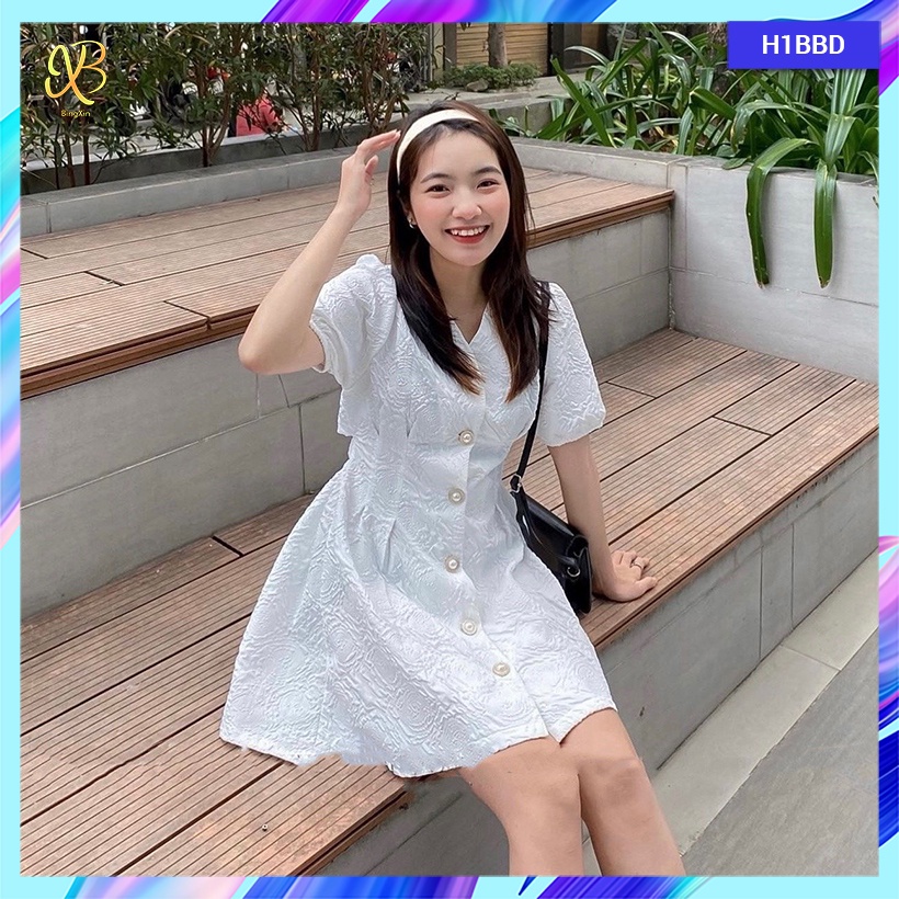 Váy/ đầm nữ babydoll hở eo lưng chiết eo dáng xòe tay bồng - H1BBD - Bingxin