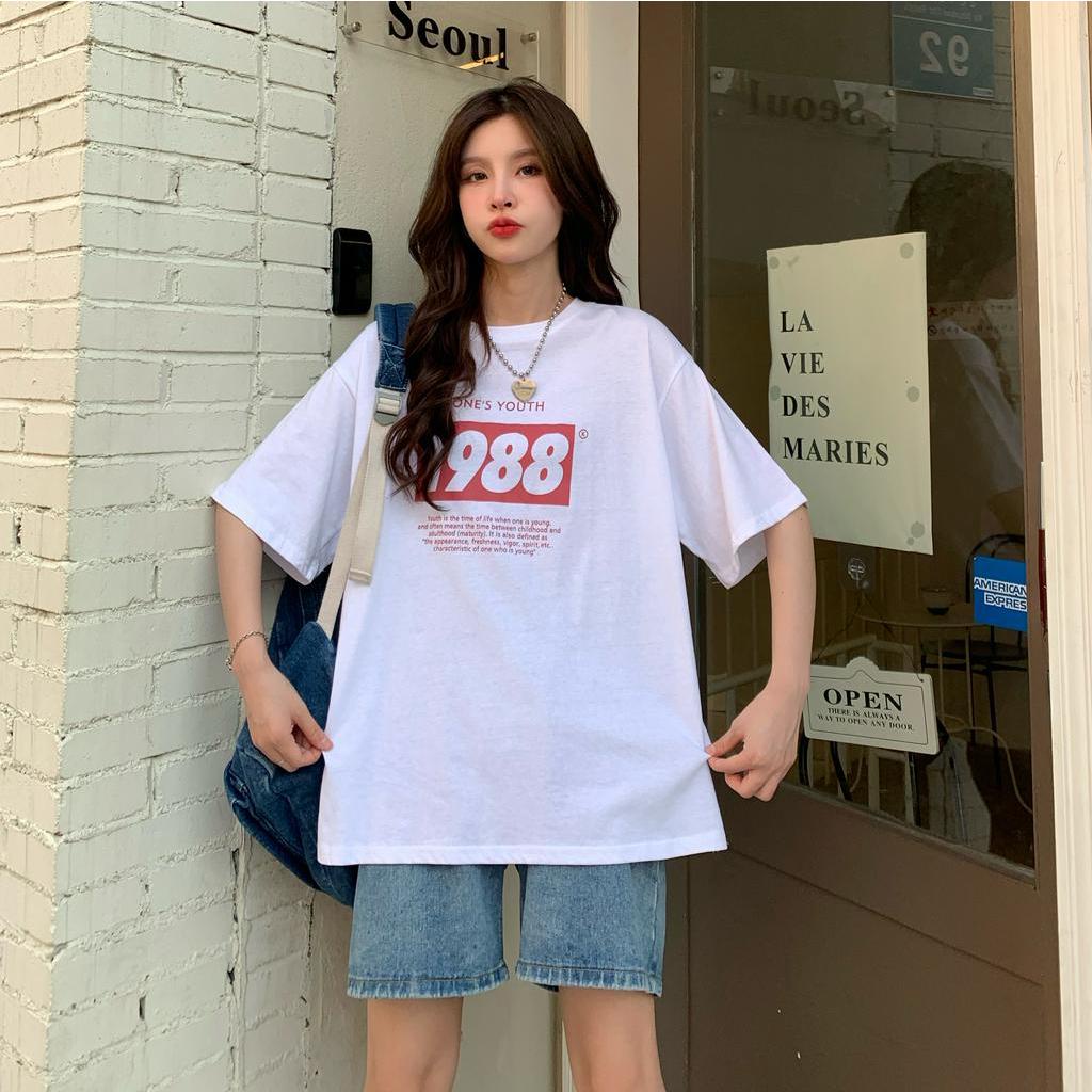 Áo thun tay ngắn dáng rộng in chữ thời trang đơn giản cho nữ