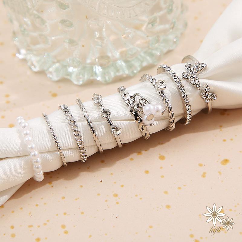 Set 9 nhẫn bạc ngọc trai pha lê thanh lịch Bộ nhẫn mỏng rỗng cho nữ phụ kiện trang sức