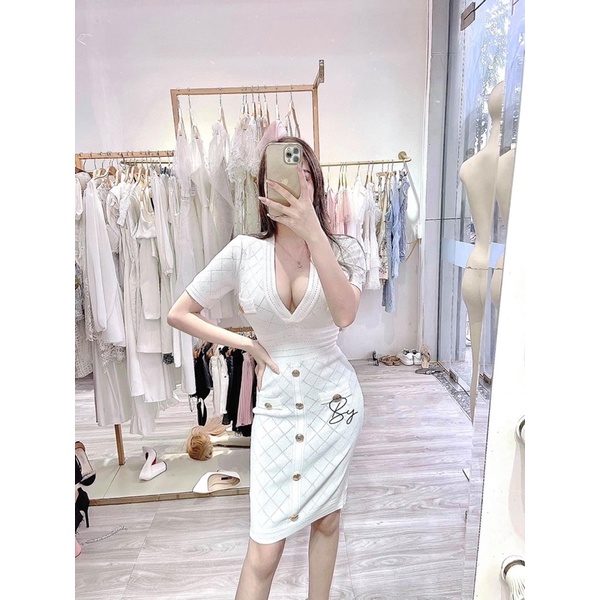 Đầm Váy Nữ Body, Váy Đi Tiệc, Đi Đám Cưới, Cổ Xẻ V Sexy, Ngắn Tay Chất Liệu Len Mỏng, Cúc Vàng thời Trang QCCC