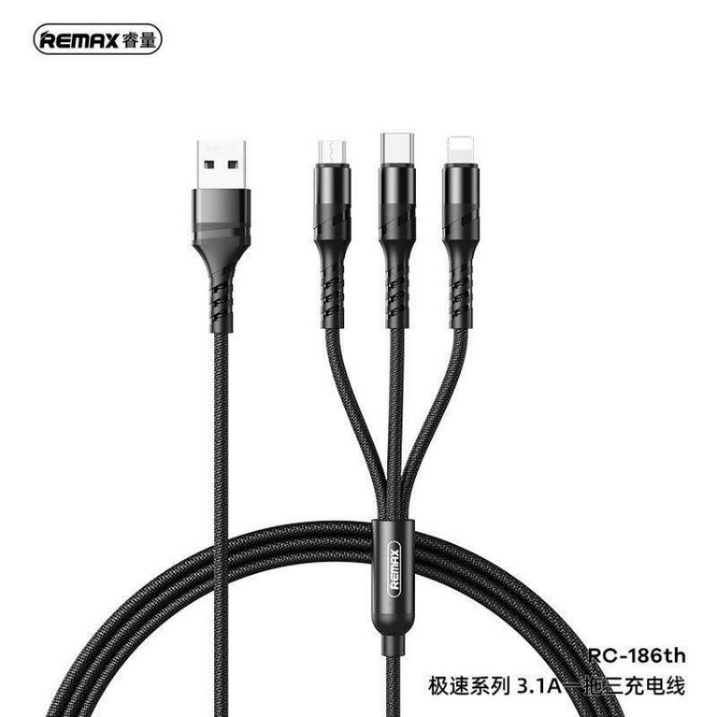 Dây sạc 3 đầu chính hãng Remax RC 186th dây sạc điện thoại 3 trong 1 sạc nhanh 3.1A bọc dù chống rối đứt gãy FztechPKCN