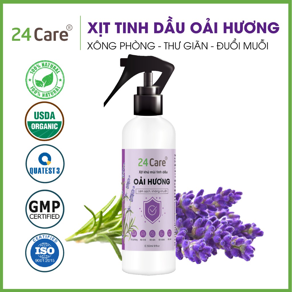 Xịt khử mùi thơm phòng Oải Hương 24care 250ml - kháng khuẩn, khử mùi hôi, đuổi muỗi, côn trùng