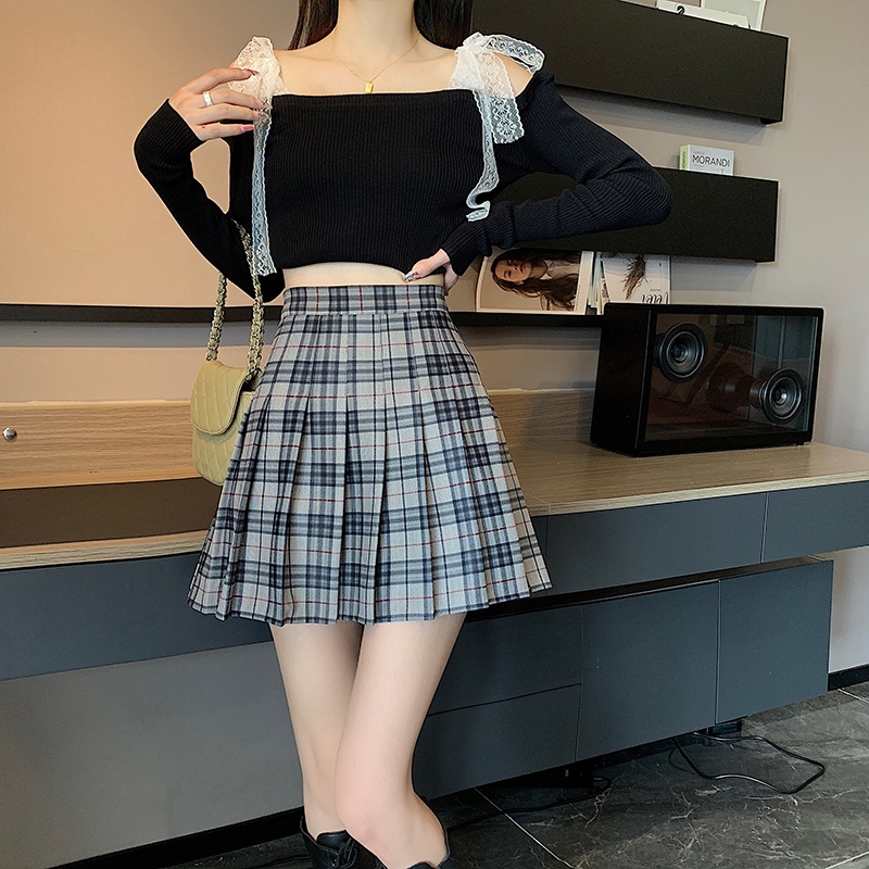 Chân Váy Chữ A Lưng Cao Họa Tiết Sọc Caro Thiết Kế Mới Thời Trang Mùa Thu Dành Cho Nữ