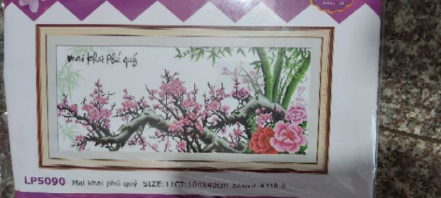 Tranh thêu HOA ĐÀO (mai khai phú quý) 222396 (104x49cm) chưa thêu lp5090 51329