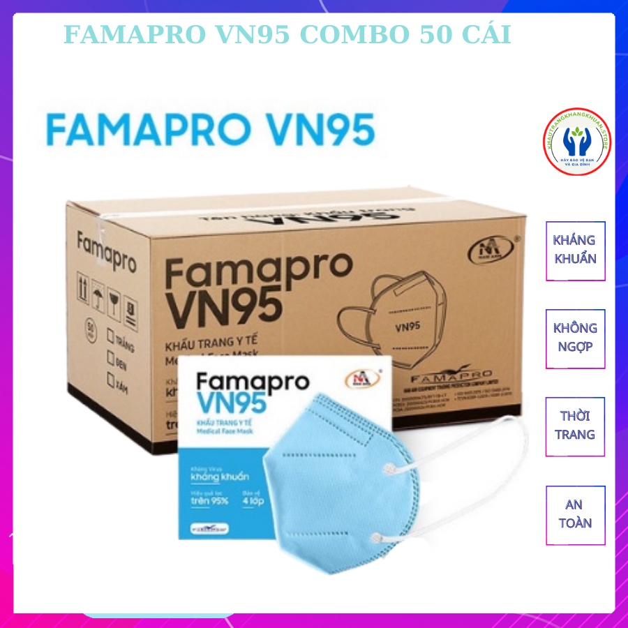 Khẩu trang VN95, Khẩu trang FAMAPRO [COMBO5] [HÀNG XỊN], kháng khuẩn chống bụi – Tiêu Chuẩn Châu Âu | FDA,4 Lớp (50 Cái)