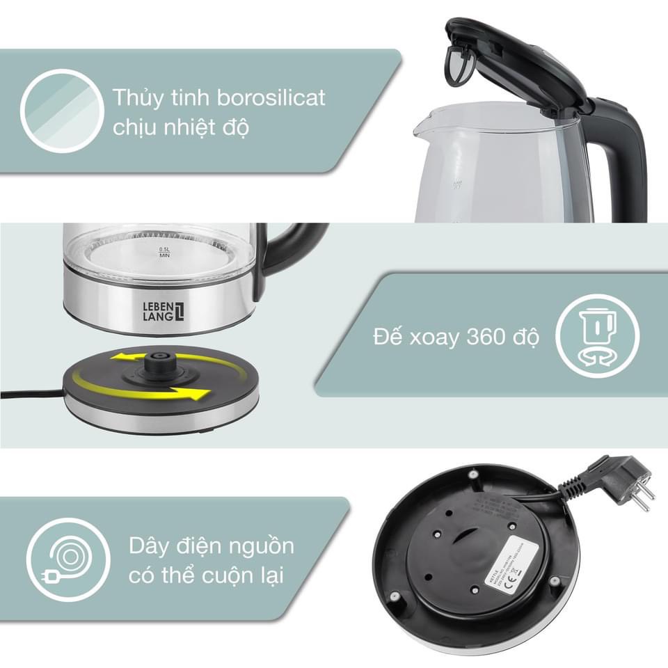 Ấm siêu tốc thủy tinh LEBENLANG - BH 2 năm
