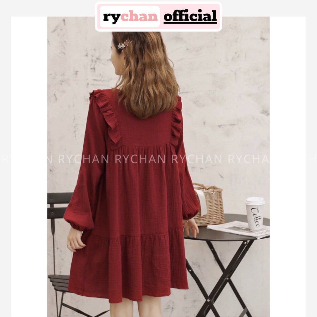 Đầm Đi Chơi Babydoll Đỏ Phối Bèo Đuôi Cá Tay Dài [ẢNH THẬT CUỐI] - DS688