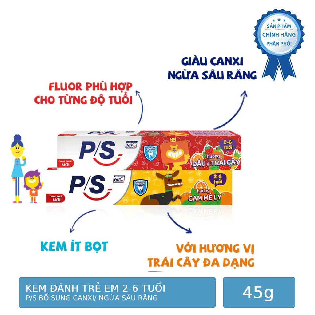 Kem Đánh Răng P/S Ngừa Sâu Răng/ Bổ Sung Canxi Cho Bé 2-6 Tuổi 45g