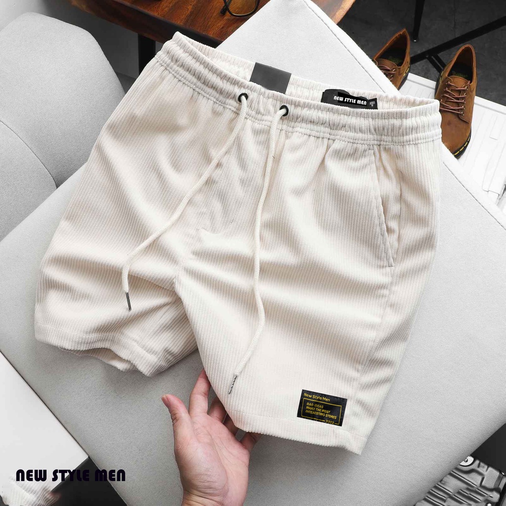 -Quần short nam nhung tăm DENIM màu Trắng kem phong cách