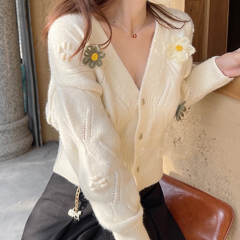 Áo khoác cardigan IELGY dệt kim cổ chữ V trang trí hoa ba chiều thời trang dành cho nữ