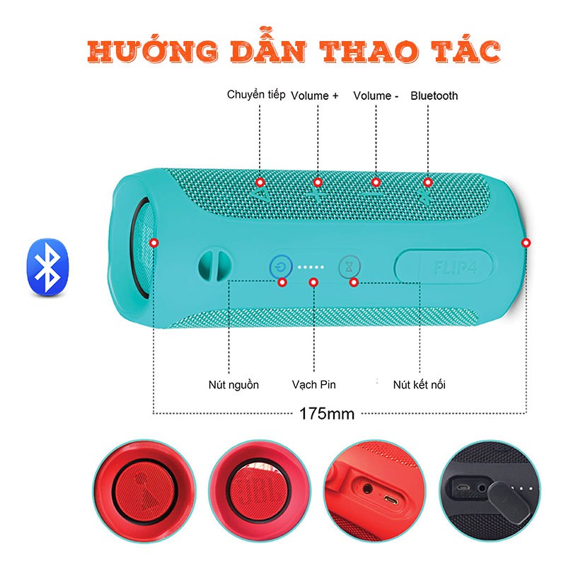 Loa bluetooth mini flip 4 Pedoz không dây, kết nối bluetooth bán kính 10m, chống nước JPX7, âm bass trầm, chân thực.