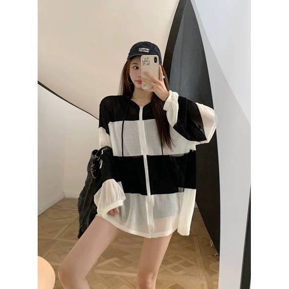 áo len dệt kim sọc màu kiểu khoá mũ dáng oversize (203#)