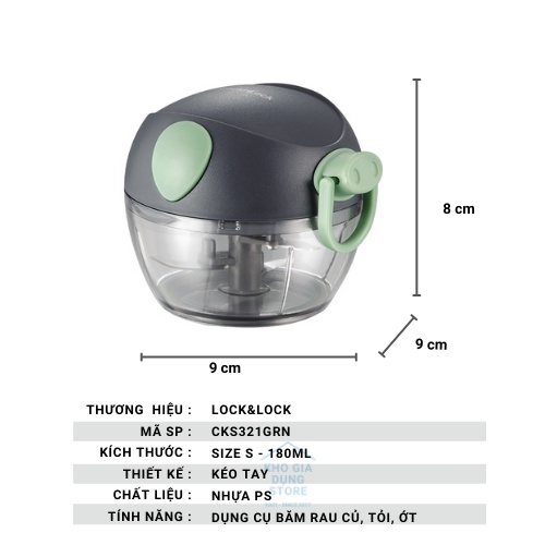 Máy Xay Tỏi Ớt Cầm Tay LocknLock Mini, Dụng Cụ Xay Hành Tỏi, Cối Xay Tỏi Ớt Kéo Tay CKS321 180ml