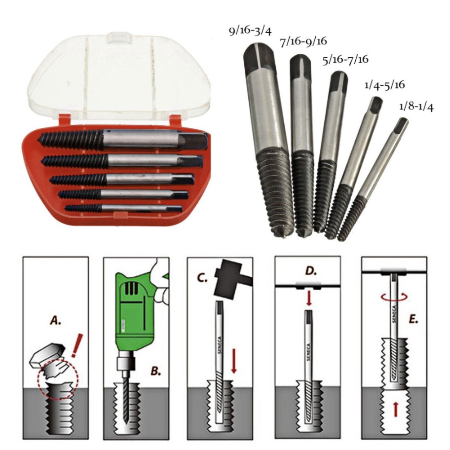 Bộ dụng cụ tháo gỡ lấy ốc vít bị gãy toét đầu, bulong gãy đầu mũ, và bulong bị chờn đầu mũ