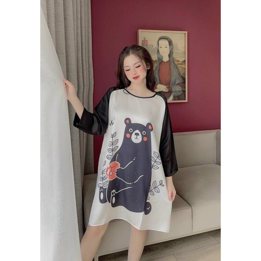 OTL-Đầm váy suông lụa satin fom rộng mặc nhà ngủ thoải mái họa tiết gấu bự siêu cute TASA