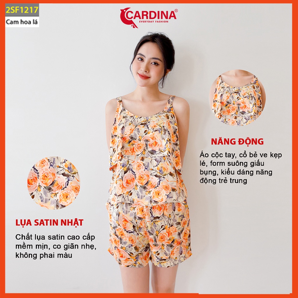 Đồ bộ nữ CARDINA bộ mặc nhà chất lụa Satin Nhật cao cấp quần đùi áo hai dây họa tiết 2SF12