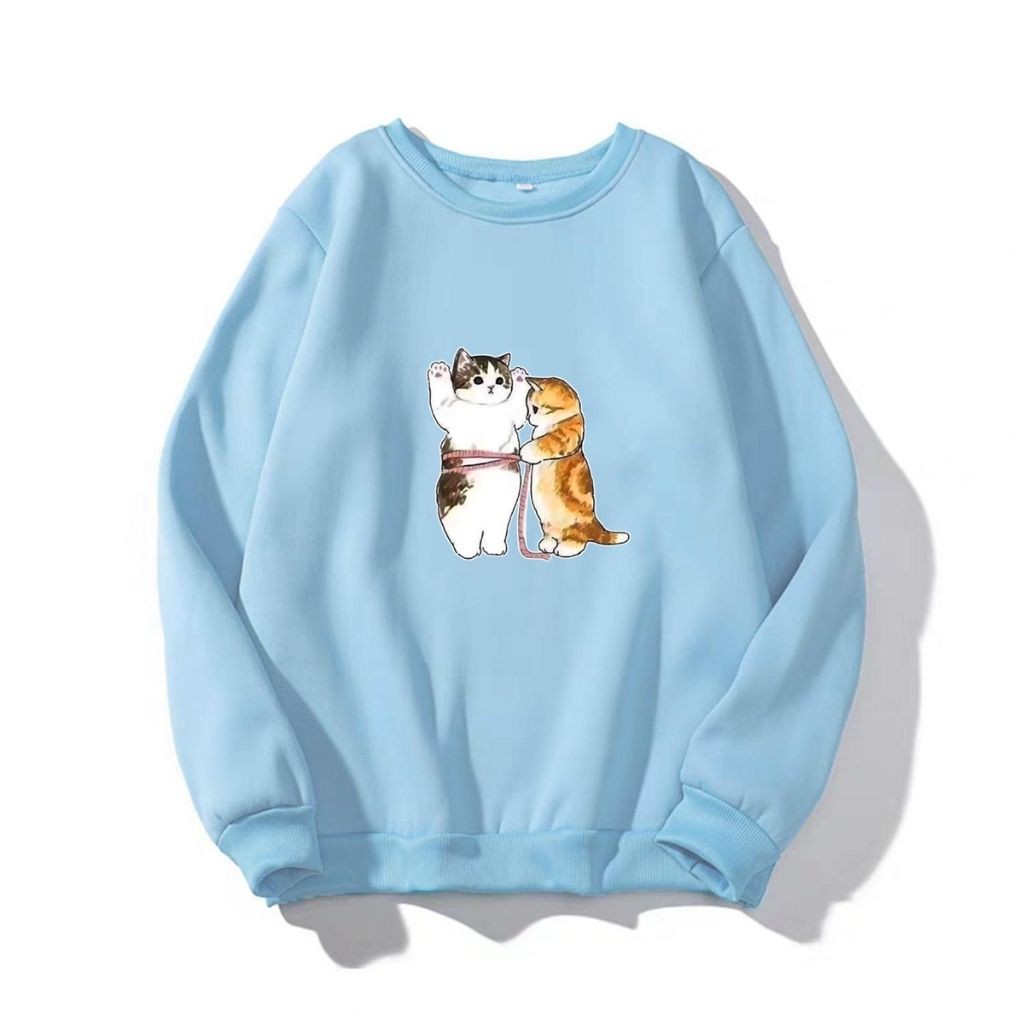 ÁO SWEATER NỈ UNISEX IN CẶP ĐÔI MÈO BUỘT DÂY SIÊU DỄ THƯƠNG ÁO NỈ TAY DÀI FORM NAM NỮ ĐỀU MẶC ĐƯỢC