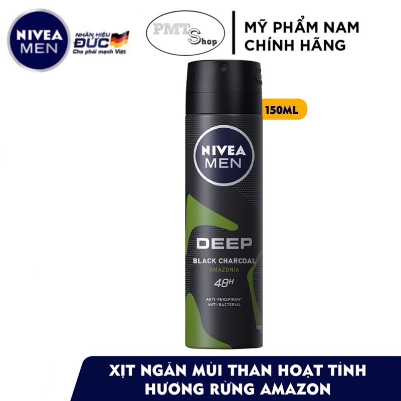 Xịt ngăn mùi toàn thân nam Nivea men Deep 150ml Dry &amp; Clean Feel Black carbon Amazon Espresso- Than đen hoạt tính