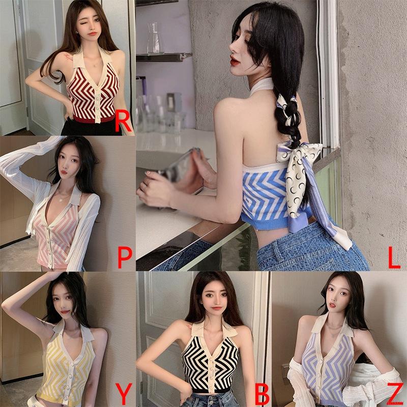 Áo dệt kim không tay họa tiết sọc phong cách retro Hàn Quốc