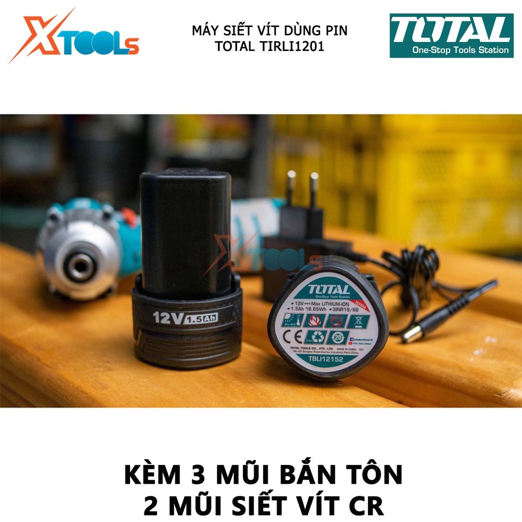 Máy bắn vít mini dùng pin 12v TOTAL TIRLI1201 điện áp sạc 220v tốc độ 2000v/p, tốc độ búa 2800ipm, đầu lục giác: 1/4&quot;