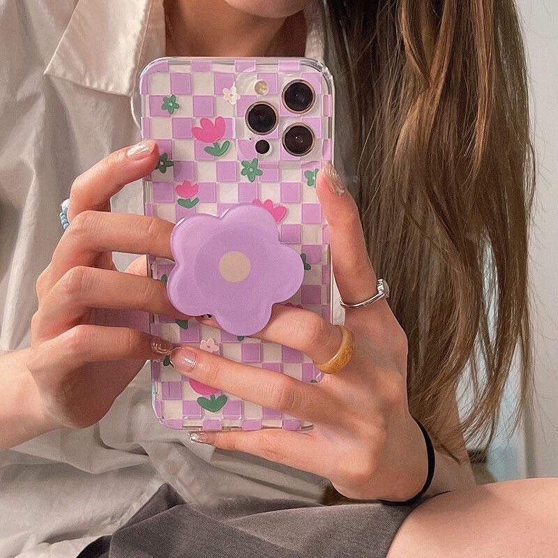 (Sẵn) Ốp lưng Iphone 7Plus/8Plus, IphoneXsmax nhựa mềm hoạ tiết hoa màu tím tặng kèm pop giá đỡ điện thoại bông hoa