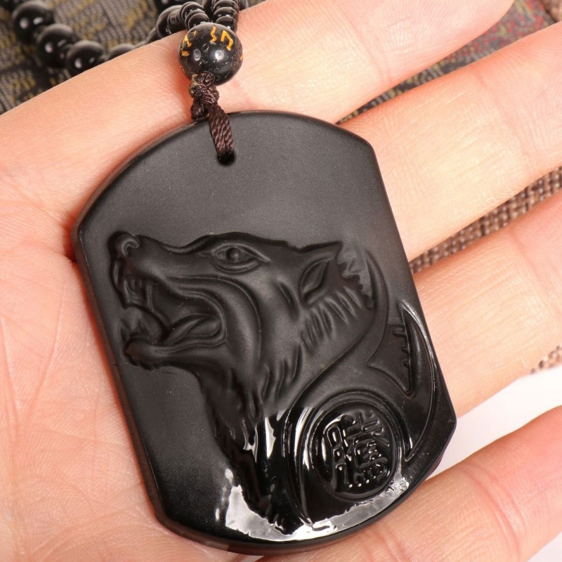 Vòng cổ Đá Obsidian Màu Đen Mặt Khắc Hình Đầu Sói