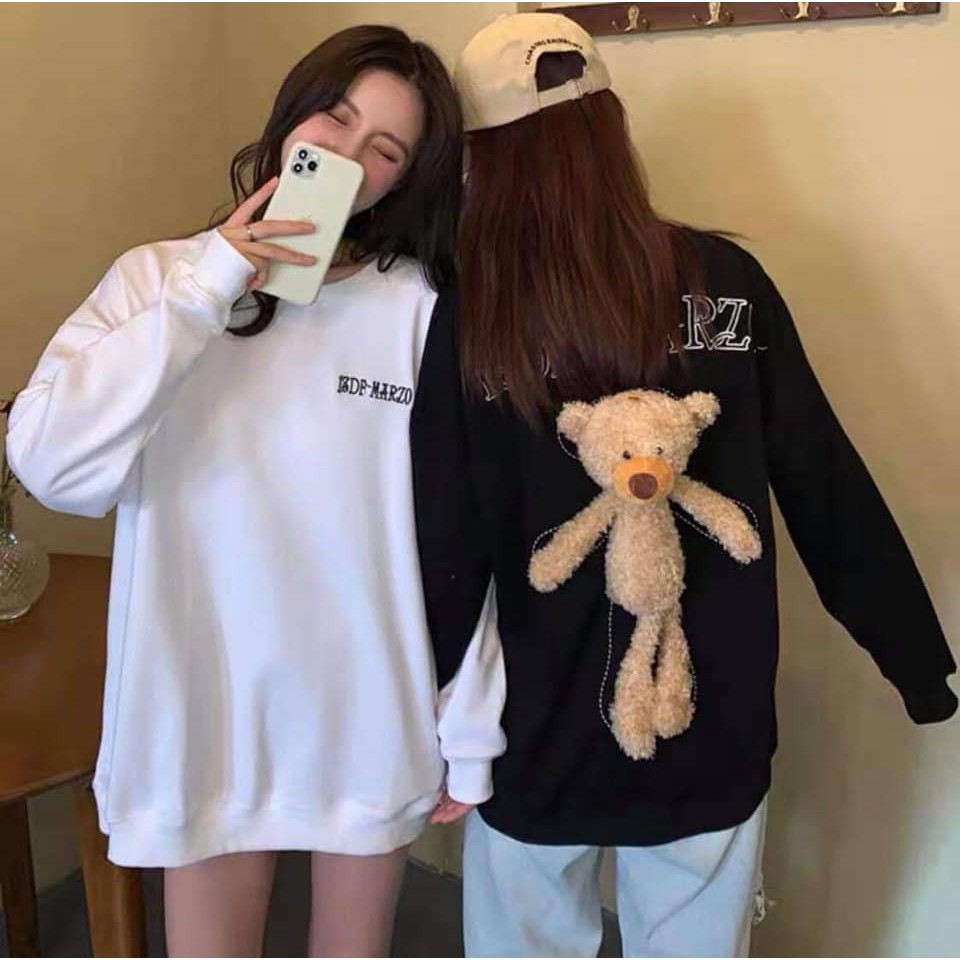 Áo Gấu BEHIND Dài Tay Nữ [FREESHIP]  Nỉ bông teddy treo sau lưng form rộng oversize màu TRẮNG | ĐEN Ulzzang HOT