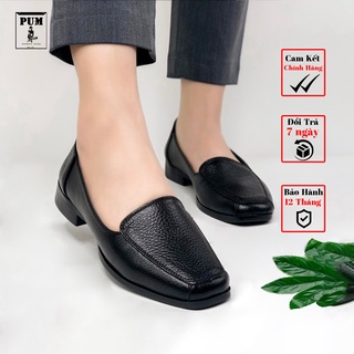 Giày da nữ trung niên, giày lười nữ da bò mũi vuông công sở Pum GC161 đế cao 2,5 cm chất da không nhăn,không bong nổ