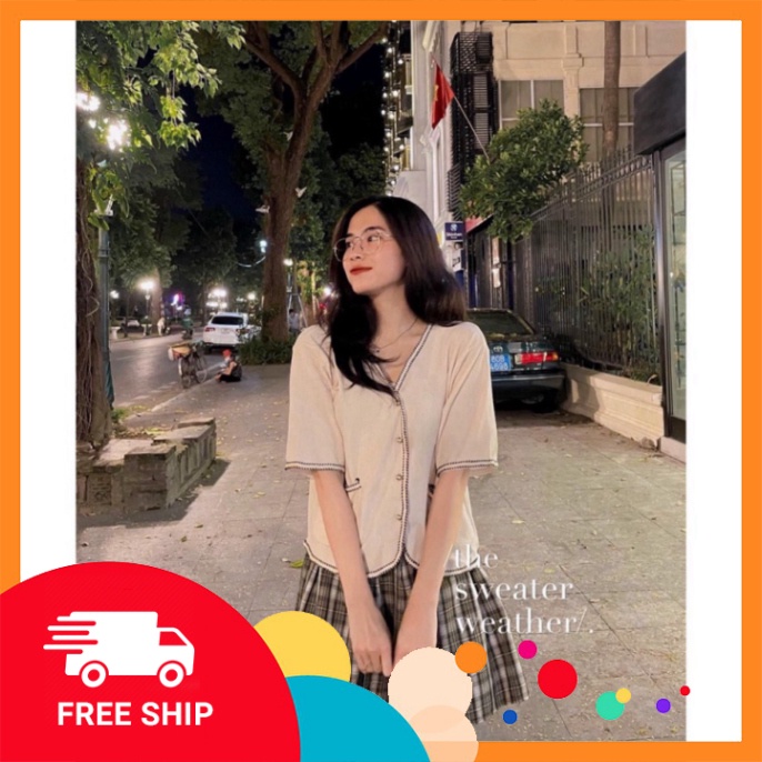 [XẢ KHO - FREESHIP] SET ÁO CỔ V VIỀN MIX CHÂN VÁY XOÈ CARO XẾP LY XINH X