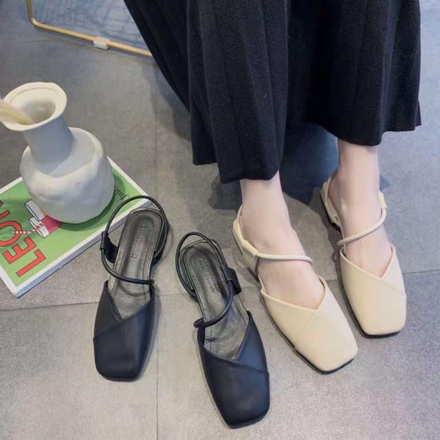 (Order) Giày búp bê 2,5cm mũi vuông da PU quai hậu chéo tiểu thư ullzang 2019