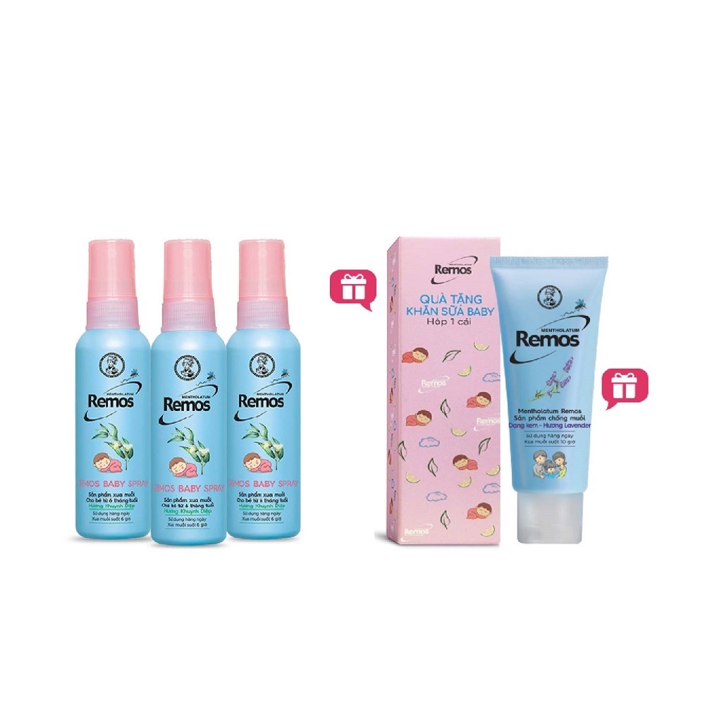 Combo remos Remos chống muỗi cho bé: 3 chai Baby Spray (60mlx3) + Tặng Kem chống muỗi Lavender 70g &amp; khăn sữa cho bé