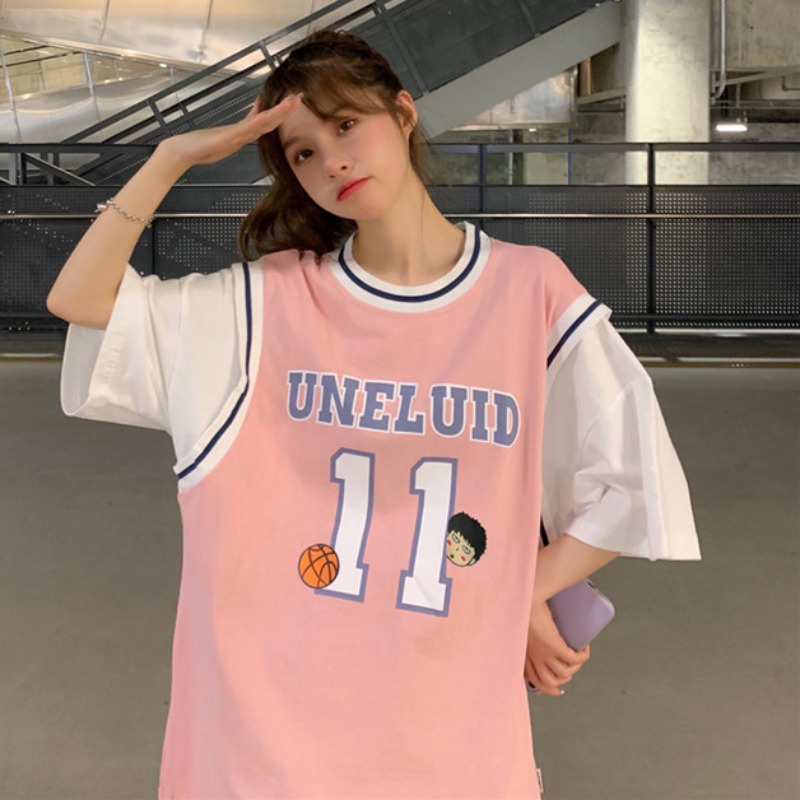 Women's fashion Oversized basketball Fake short-sleeved T-shirt Two-piece top